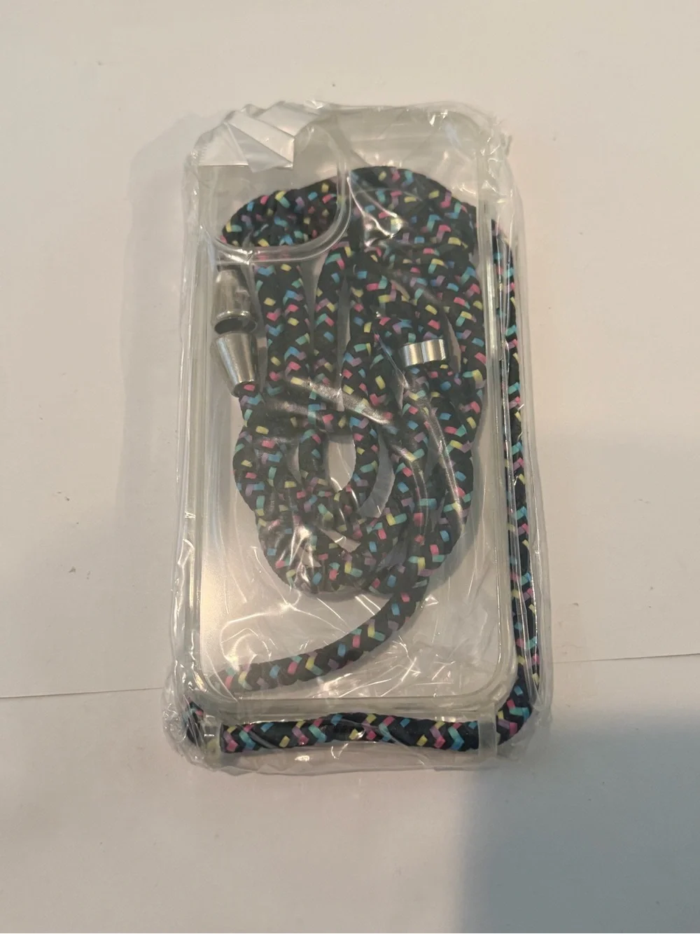 iPhone 14 Clear Phone Case with Black Multicolor Braided Strap - Universal